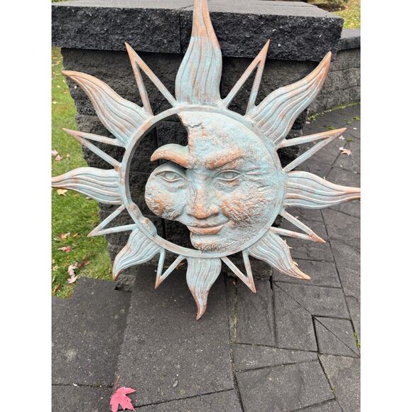 Large 34” Half Face Sun Wall Plaque Aluminum Sculpture Verdigris Finish - Picture 6 of 10
